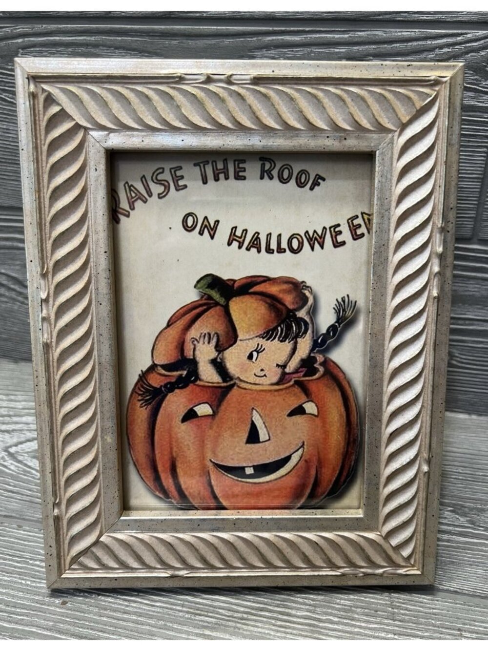 Halloween Raise The Roof Vintage Style Framed Picture Jack-O-Lantern 7” X 9.25”